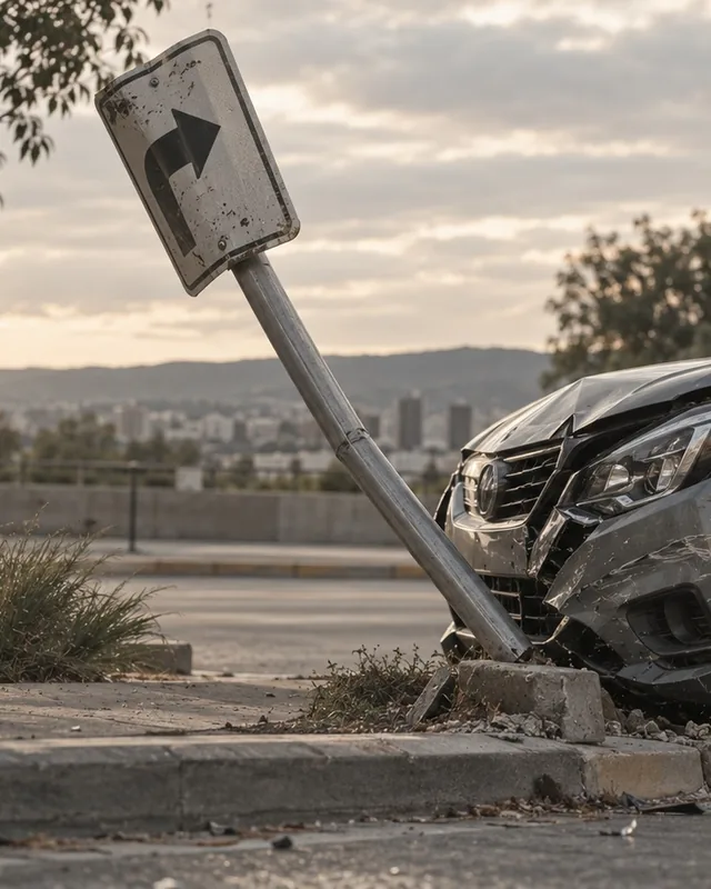 Auto con el frente dañado tras derribar una señal de tránsito en la banqueta