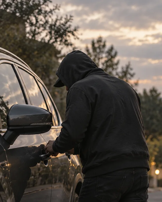 Persona con capucha forzando la puerta de una camioneta estacionada en una calle residencial al anochecer