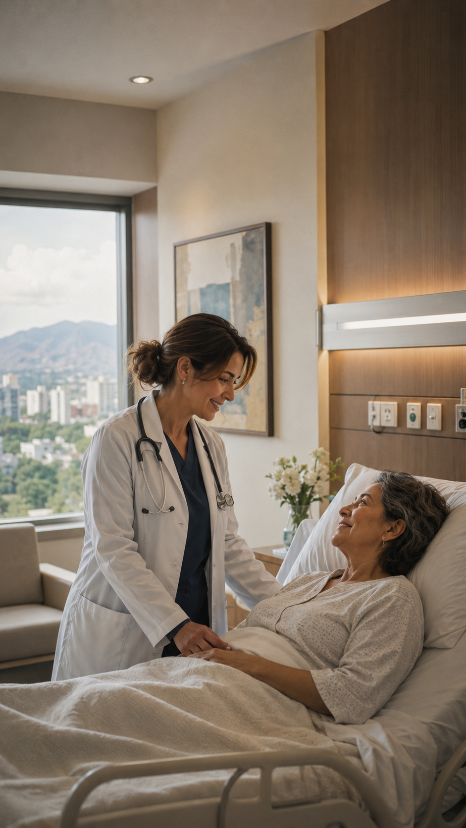 Doctora acompañando a una paciente en una habitación de hospital