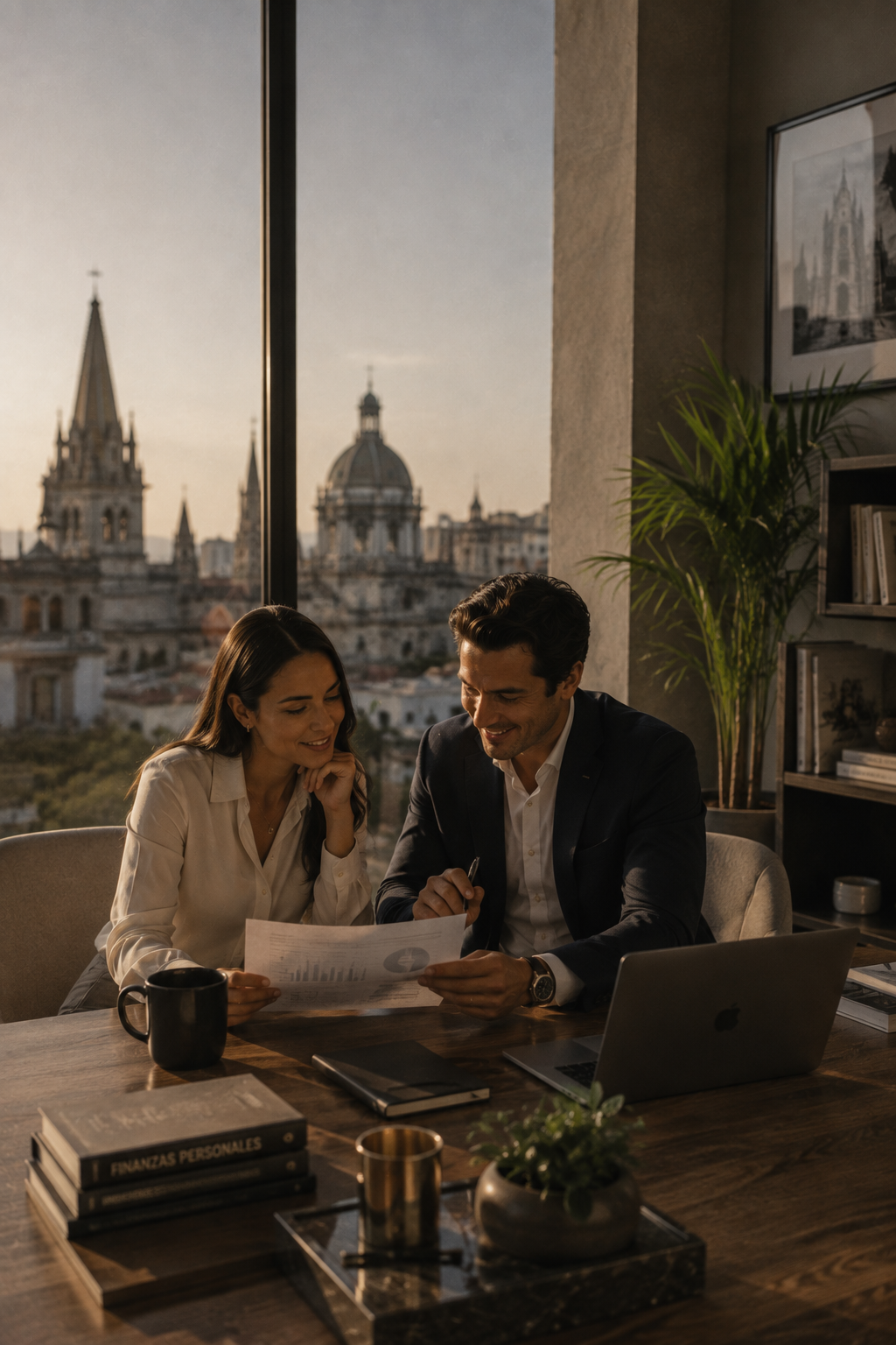 Asesor y clienta revisando documentos frente a una ventana con vista a la ciudad