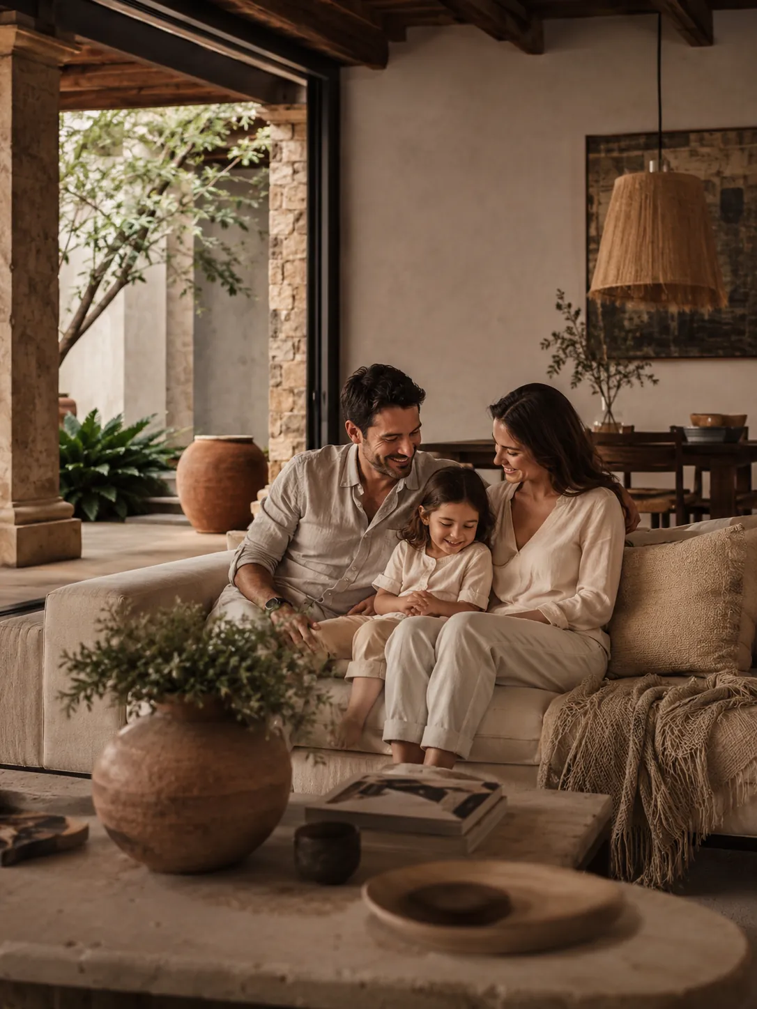 Family sitting together on the living room couch
