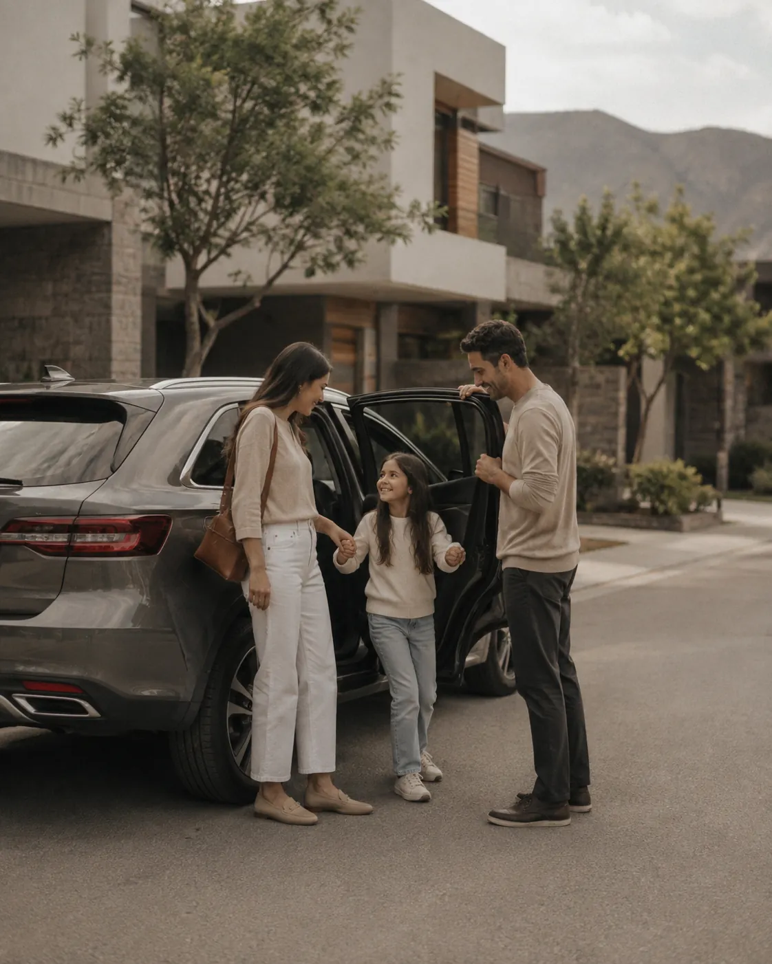 Family getting into their car with their daughter outside their home