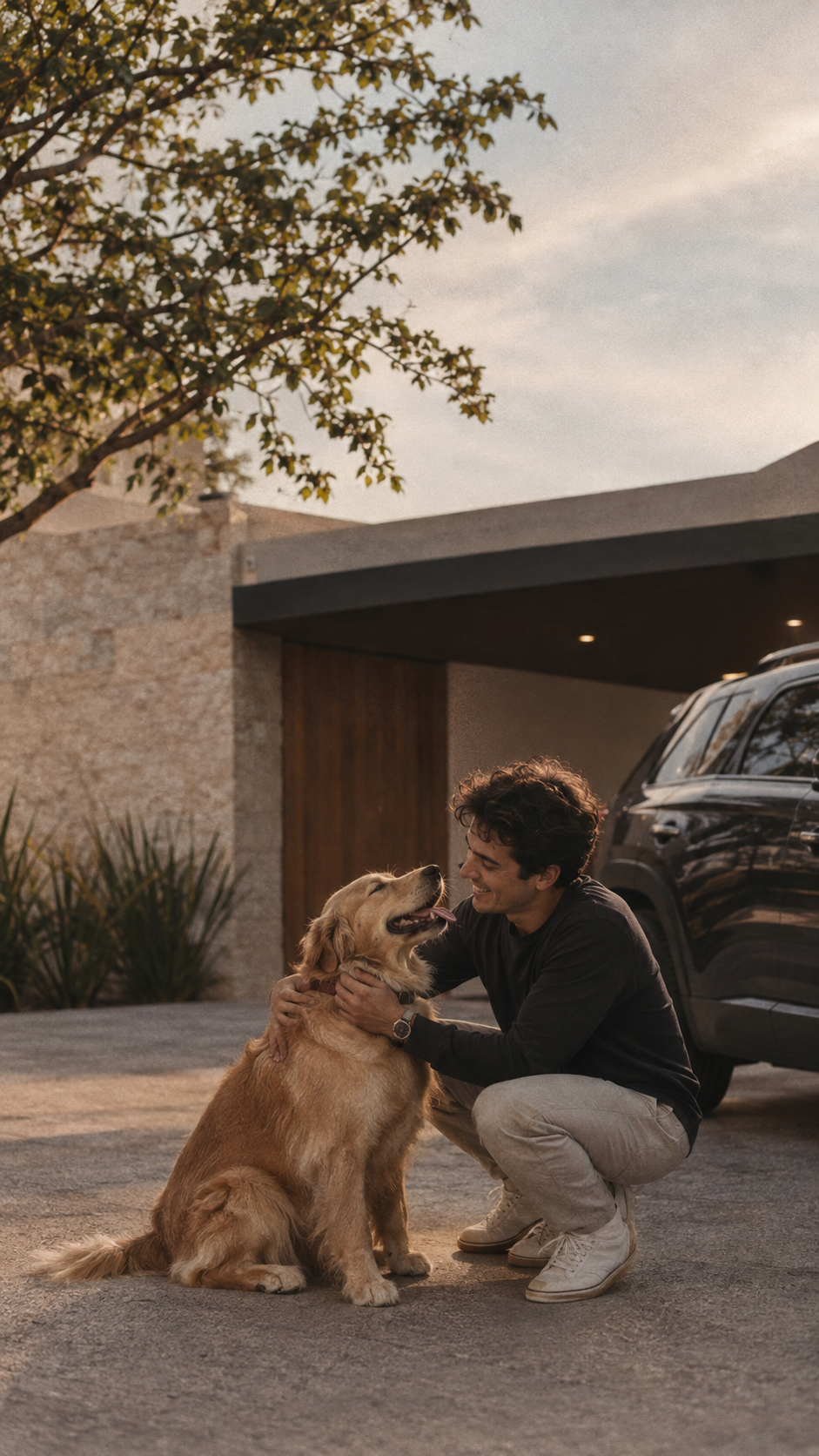 Hombre acariciando a su perro golden retriever en la entrada de casa