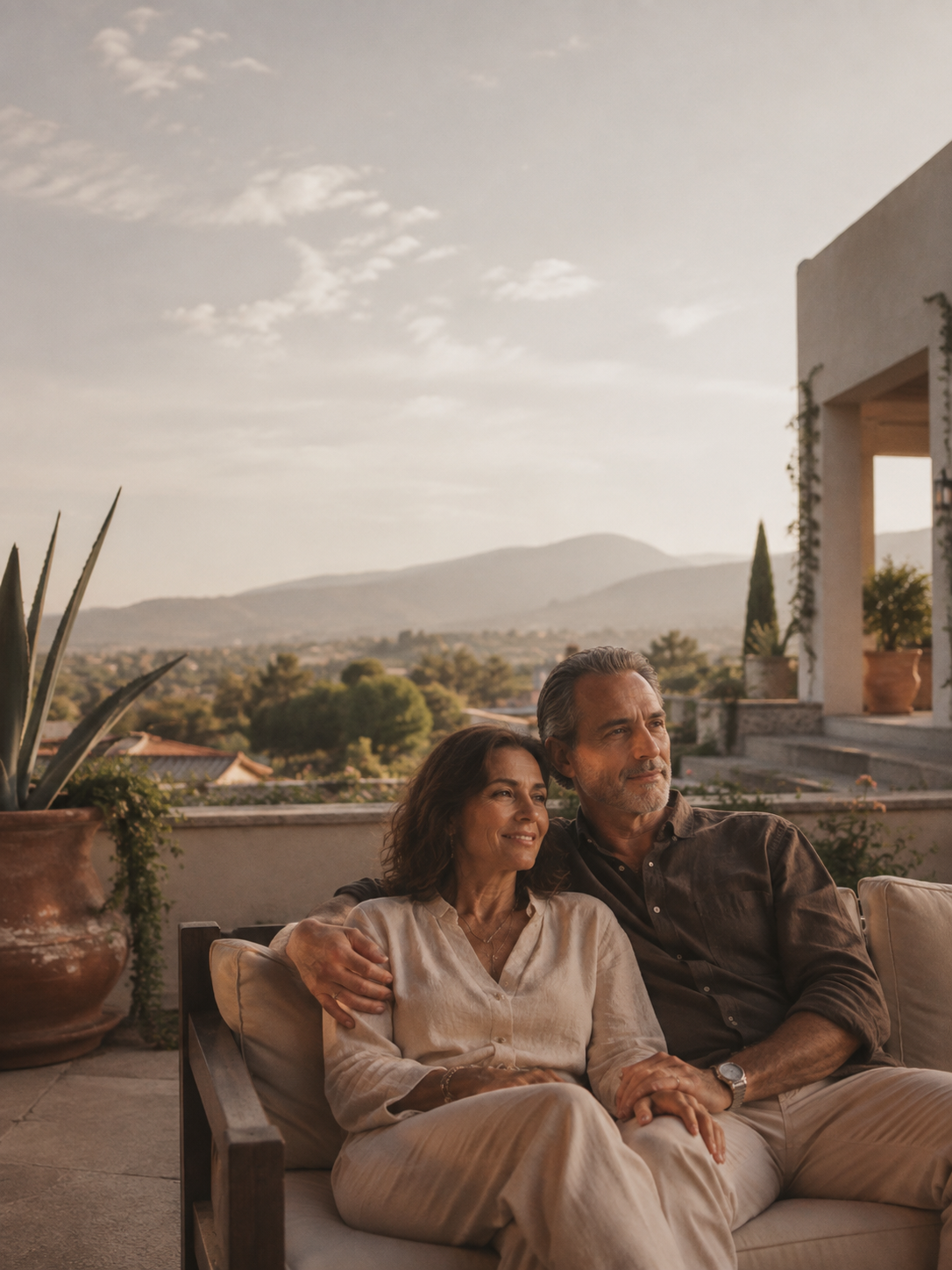 Pareja madura descansando en una terraza al atardecer