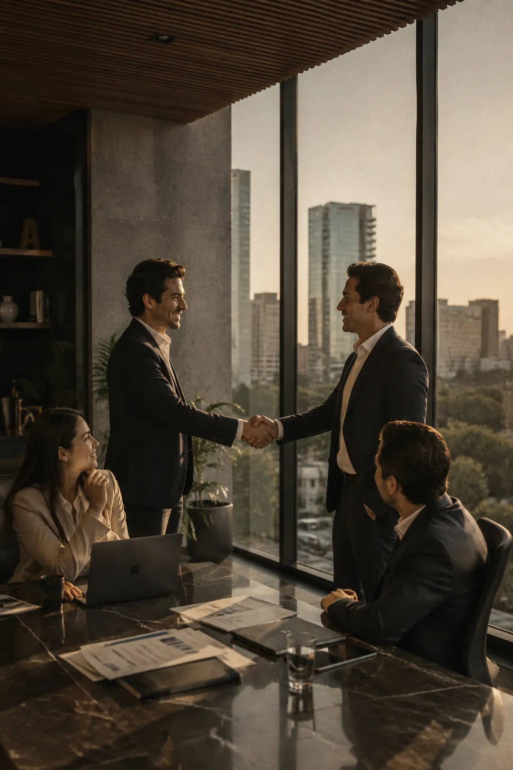 Business partners shaking hands in an office